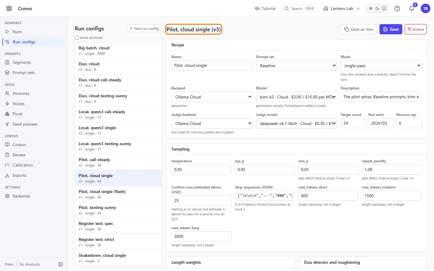 The Run configs page with a pilot config open in the editor