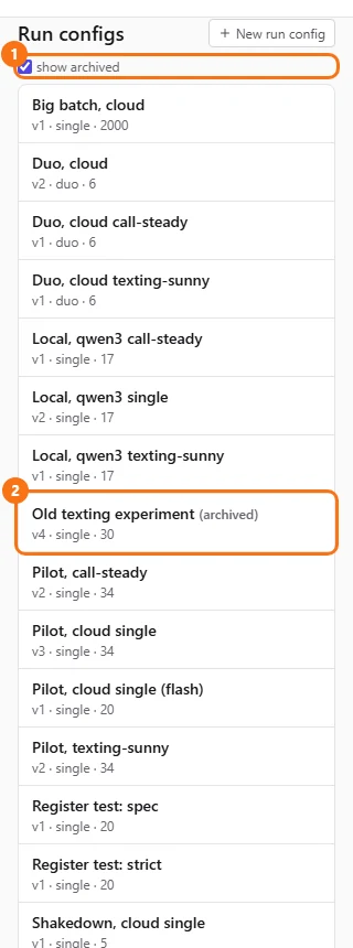 The config list with show archived ticked and an archived config visible