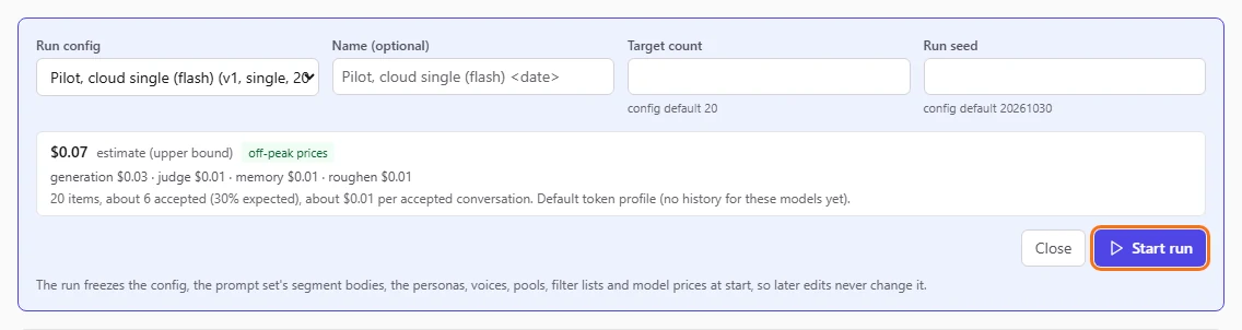 The Start run button at the bottom of the form, highlighted