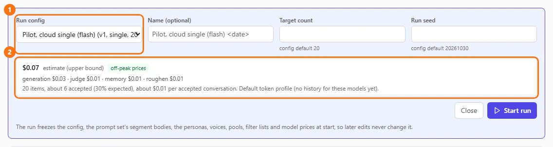 The start form with a config picked and its cost estimate