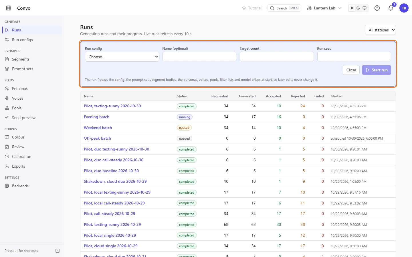 The Runs page with the start form open