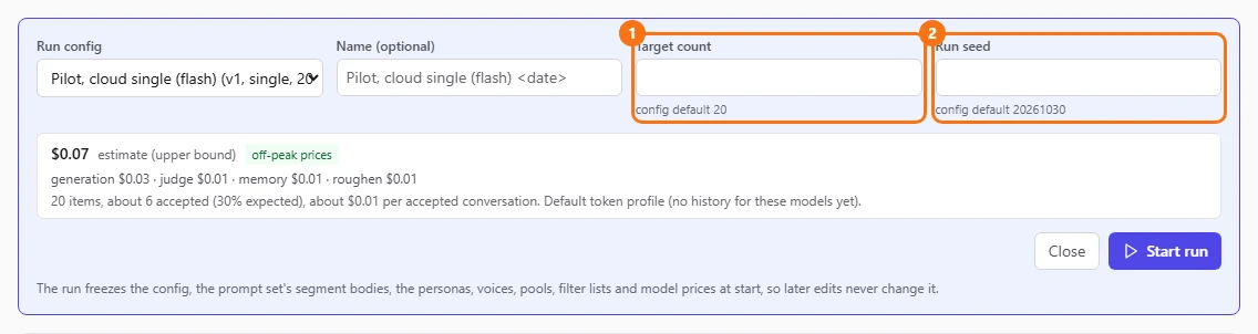 The Target count and Run seed fields, with the config defaults under them