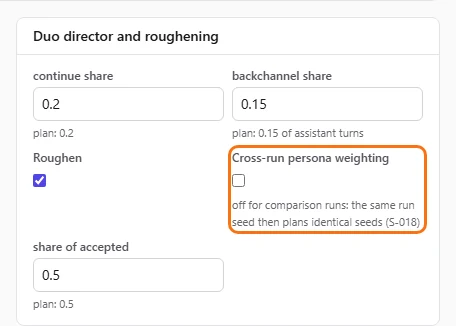 The Cross-run persona weighting checkbox on a run config, highlighted