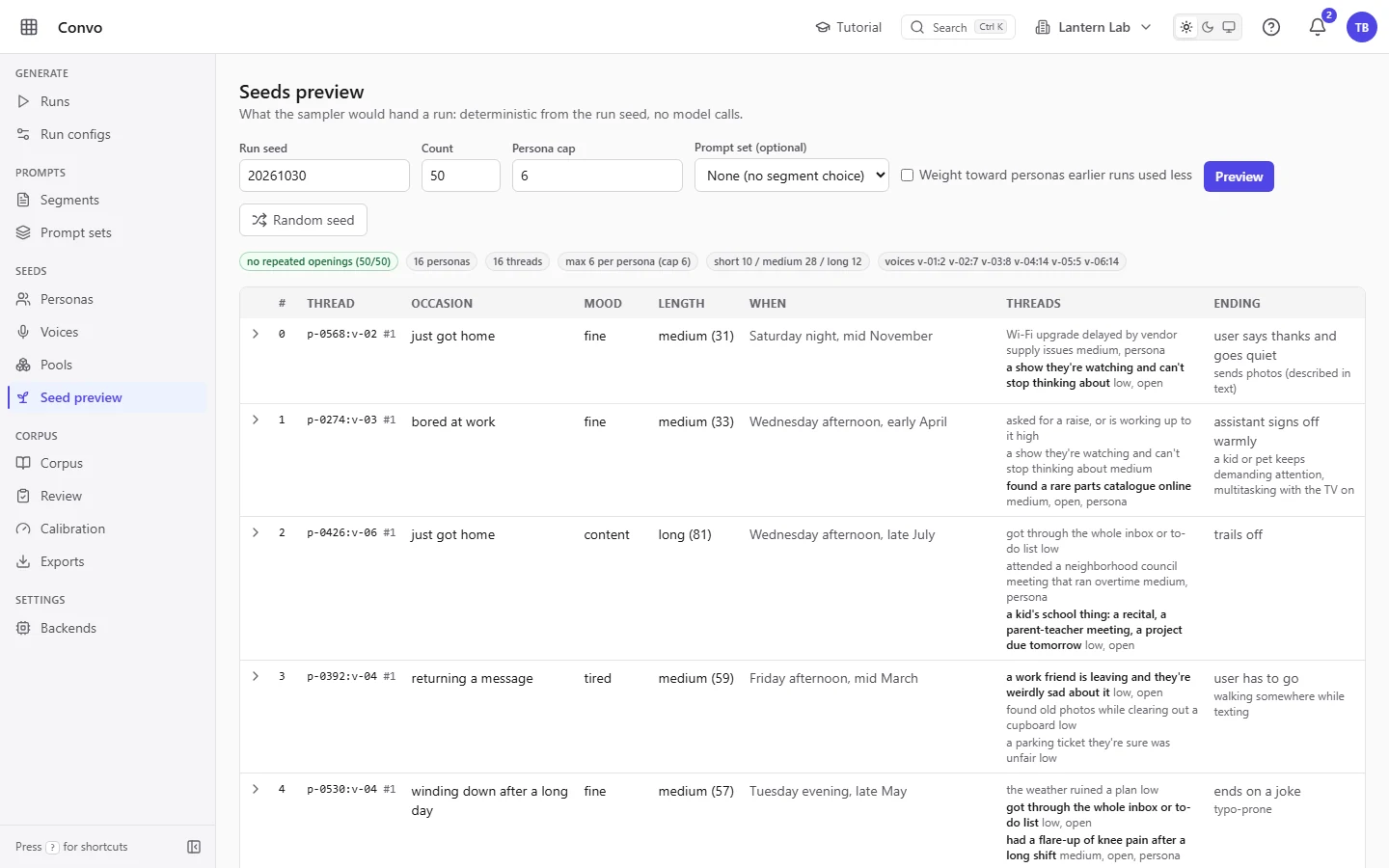 The Seeds preview page with a planned table