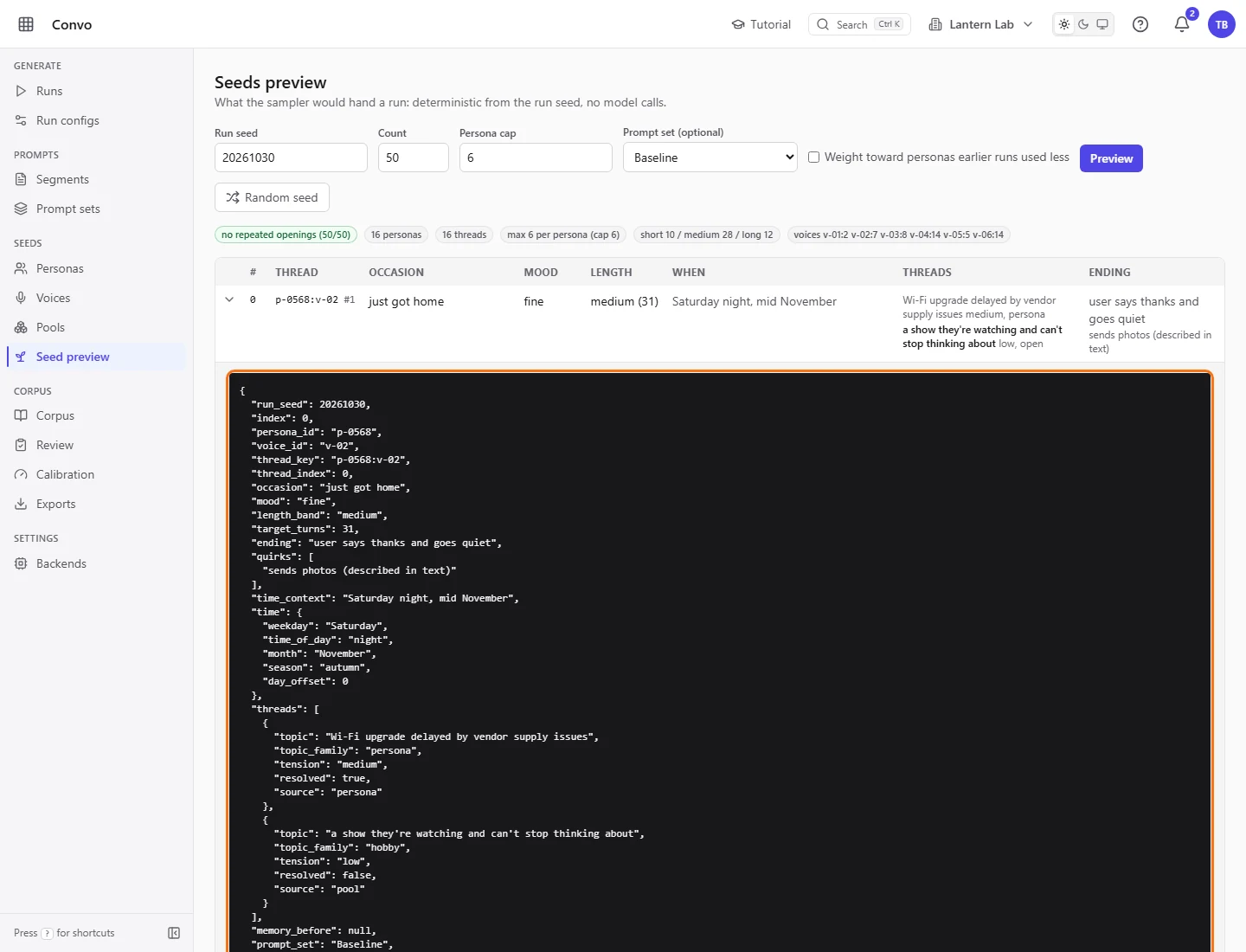 A seed row opened to show its full JSON