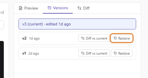 The Restore button on the v2 row