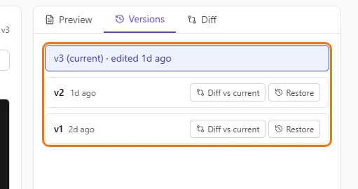 The Versions tab listing v3 as current, then v2 and v1
