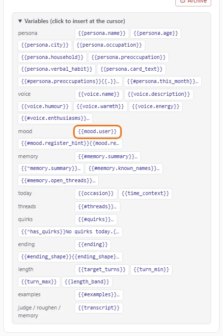 The variable palette under the template, with {{mood.user}} ringed