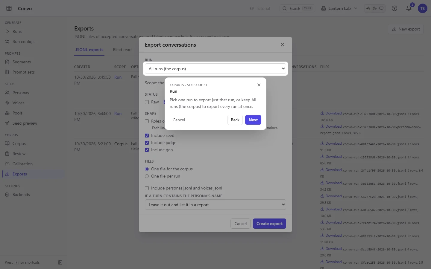 The tour carrying on inside the export dialog