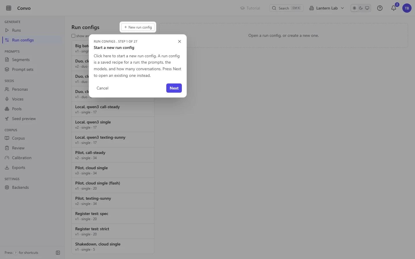 The first Run configs step, with New run config spotlighted