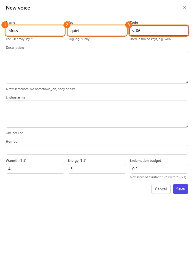 The New voice editor with Name, Key and Code filled in